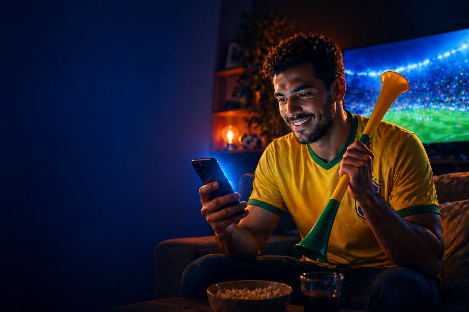 Torcedor sorrindo assistindo ao jogo com uma vuvuzela